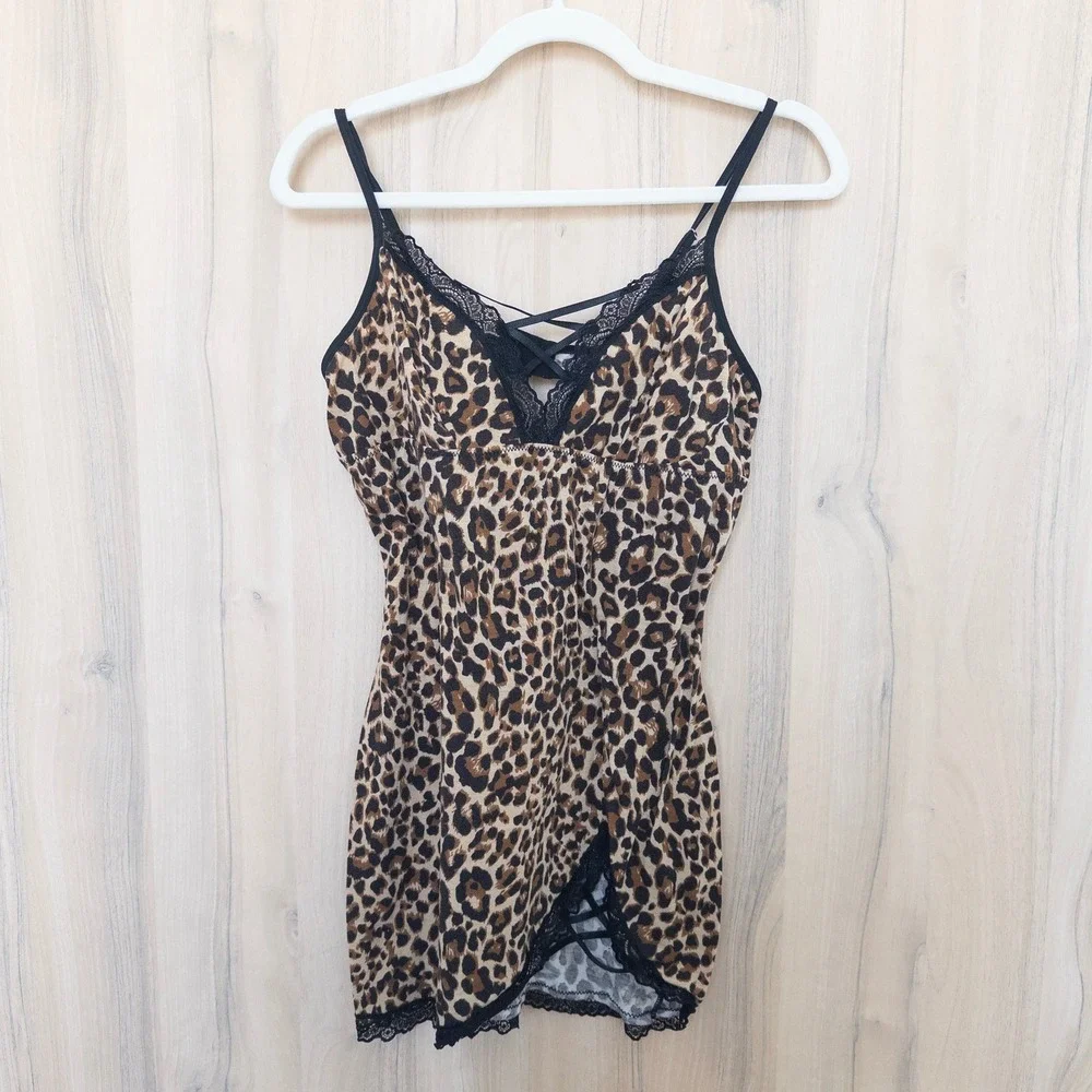 Womens Leopard Lace Trim Cami Top XL Brown Strappy Stretch Y2K Mob Wife Coquette